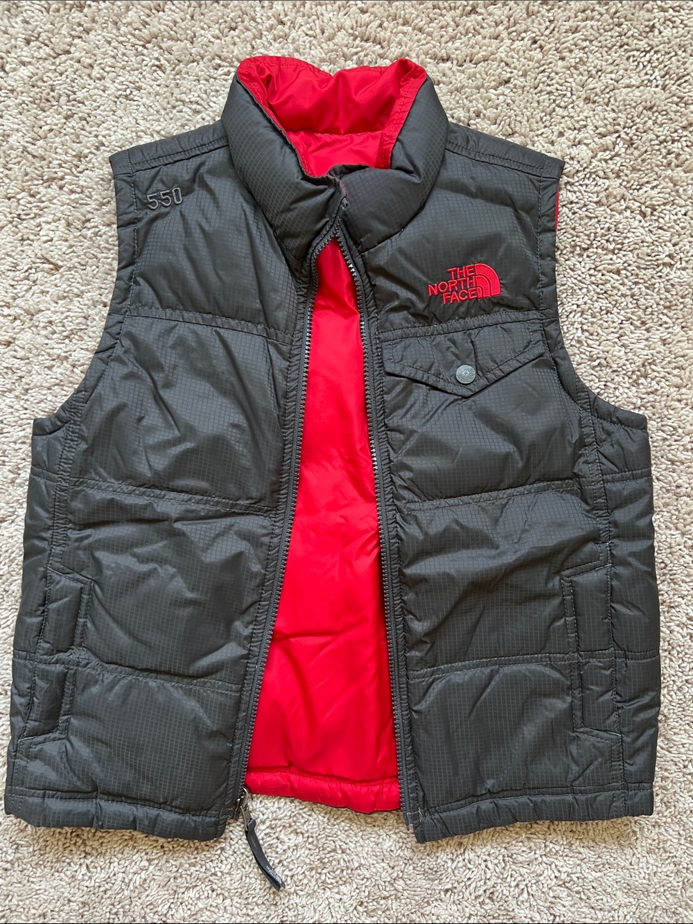The North Face Reversible Dark Gray and Red Puffer Vest, S/M